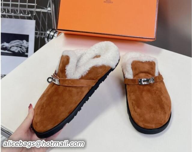 Durable Hermes Kelly Buckle Mules in Suede and Wool Fur Brown 1008105