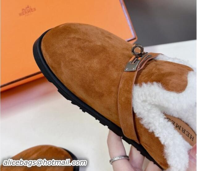 Durable Hermes Kelly Buckle Mules in Suede and Wool Fur Brown 1008105