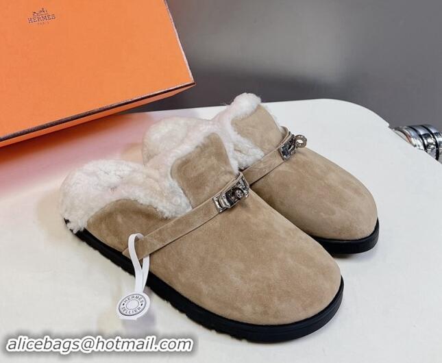 Shop Duplicate Hermes Kelly Buckle Mules in Suede and Wool Fur Grey 1008106