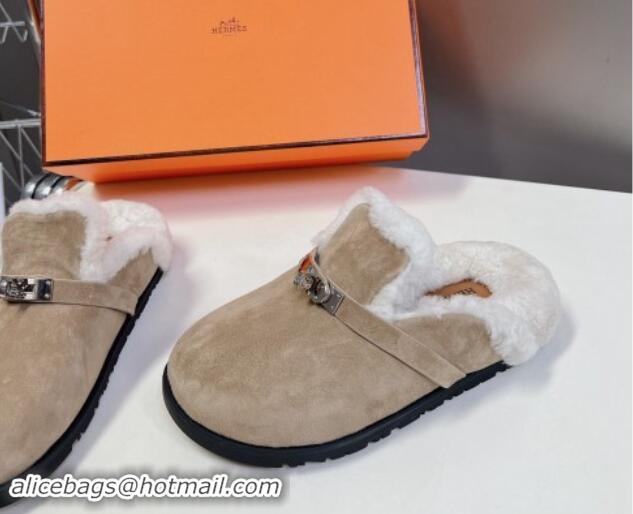 Shop Duplicate Hermes Kelly Buckle Mules in Suede and Wool Fur Grey 1008106