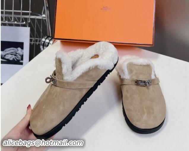 Shop Duplicate Hermes Kelly Buckle Mules in Suede and Wool Fur Grey 1008106