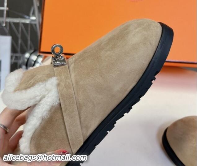 Shop Duplicate Hermes Kelly Buckle Mules in Suede and Wool Fur Grey 1008106