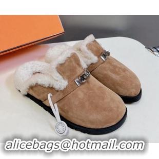 Luxurious Hermes Kelly Buckle Mules in Suede and Wool Fur Dark Beige 1008107