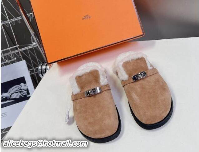 Luxurious Hermes Kelly Buckle Mules in Suede and Wool Fur Dark Beige 1008107