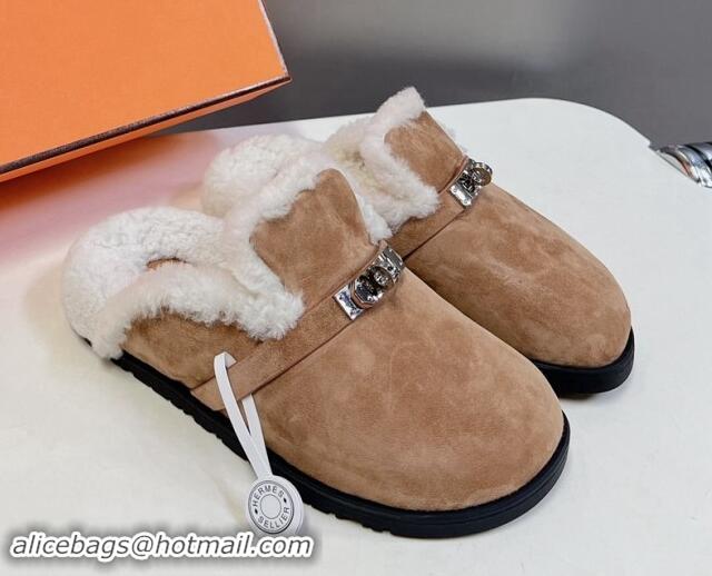 Luxurious Hermes Kelly Buckle Mules in Suede and Wool Fur Dark Beige 1008107