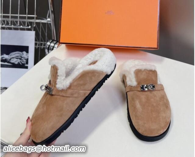 Luxurious Hermes Kelly Buckle Mules in Suede and Wool Fur Dark Beige 1008107