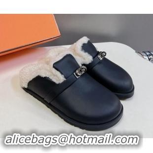 Most Popular Hermes Kelly Buckle Mules in Calfskin and Wool Fur Black 1008108