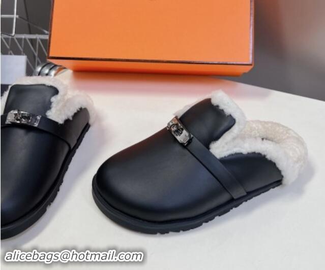 Most Popular Hermes Kelly Buckle Mules in Calfskin and Wool Fur Black 1008108