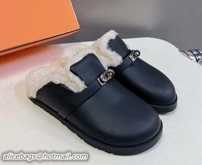 Most Popular Hermes Kelly Buckle Mules in Calfskin and Wool Fur Black 1008108