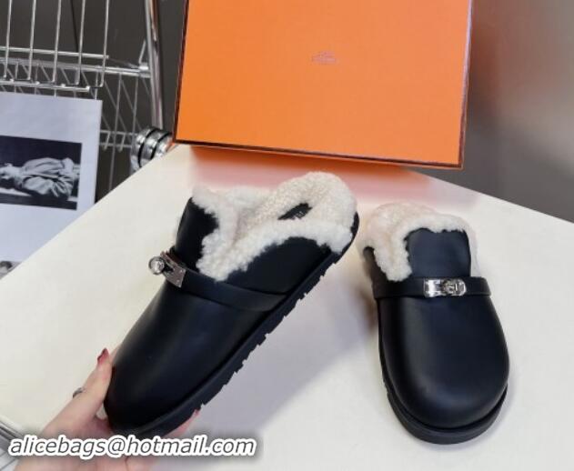 Most Popular Hermes Kelly Buckle Mules in Calfskin and Wool Fur Black 1008108