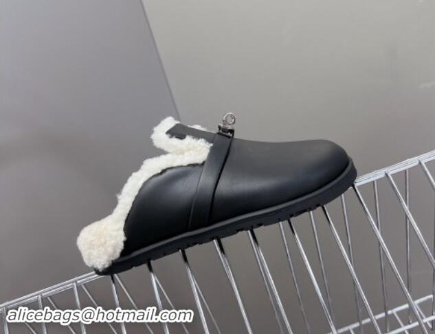 Most Popular Hermes Kelly Buckle Mules in Calfskin and Wool Fur Black 1008108