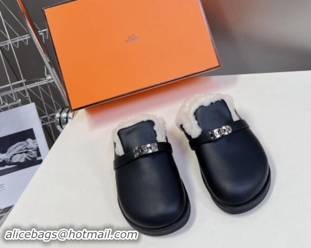 Most Popular Hermes Kelly Buckle Mules in Calfskin and Wool Fur Black 1008108