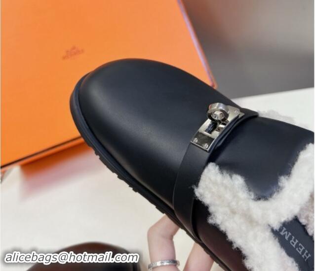 Most Popular Hermes Kelly Buckle Mules in Calfskin and Wool Fur Black 1008108