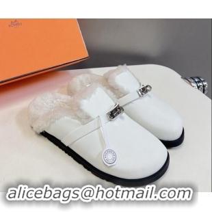 Low Price Hermes Kelly Buckle Mules in Calfskin and Wool Fur White 1008109