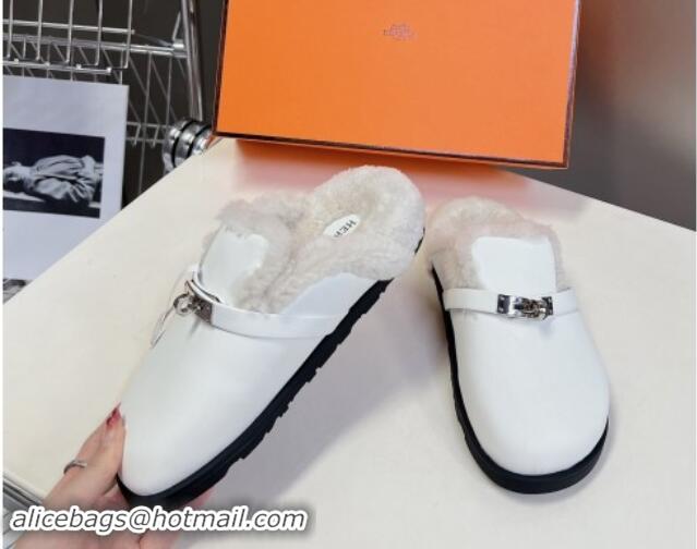 Low Price Hermes Kelly Buckle Mules in Calfskin and Wool Fur White 1008109