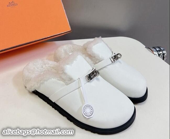 Low Price Hermes Kelly Buckle Mules in Calfskin and Wool Fur White 1008109