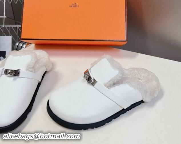 Low Price Hermes Kelly Buckle Mules in Calfskin and Wool Fur White 1008109