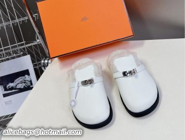 Low Price Hermes Kelly Buckle Mules in Calfskin and Wool Fur White 1008109