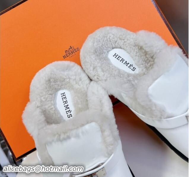 Low Price Hermes Kelly Buckle Mules in Calfskin and Wool Fur White 1008109