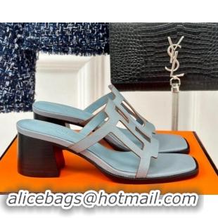 Good Product Hermes Izzy Heel Slides Sandal 5cm in Grained Calfskin with Contrasting Edges and "H" cut-out Blue 1008113