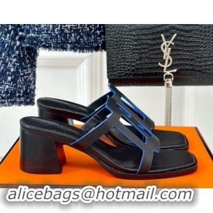 Buy Discount Hermes Izzy Heel Slides Sandal 5cm in Calfskin Leather with Contrasting Edges and "H" cut-out Black 1008114