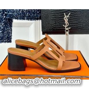 Top Grade Hermes Izzy Heel Slides Sandal 5cm in Calfskin Leather with Contrasting Edges and "H" cut-out Brown 1008116