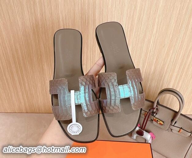 Low Price Hermes Classic Oran Flat Slides Sandal in Snakeskin Embossed Leather Grey 1008118