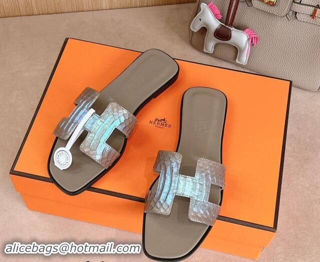 Low Price Hermes Classic Oran Flat Slides Sandal in Snakeskin Embossed Leather Grey 1008118