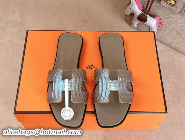 Low Price Hermes Classic Oran Flat Slides Sandal in Snakeskin Embossed Leather Grey 1008118