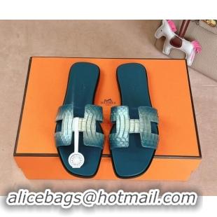 Good Looking Hermes Classic Oran Flat Slides Sandal in Snakeskin Embossed Leather Dark Blue 1008119