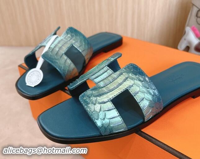 Good Looking Hermes Classic Oran Flat Slides Sandal in Snakeskin Embossed Leather Dark Blue 1008119