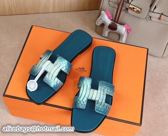 Good Looking Hermes Classic Oran Flat Slides Sandal in Snakeskin Embossed Leather Dark Blue 1008119