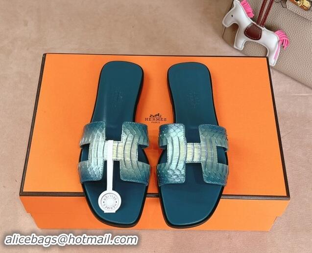 Good Looking Hermes Classic Oran Flat Slides Sandal in Snakeskin Embossed Leather Dark Blue 1008119