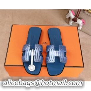 Good Product Hermes Classic Oran Flat Slides Sandal in Snakeskin Embossed Leather Blue 1008120