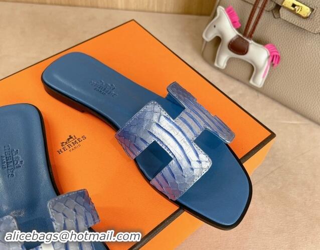 Good Product Hermes Classic Oran Flat Slides Sandal in Snakeskin Embossed Leather Blue 1008120