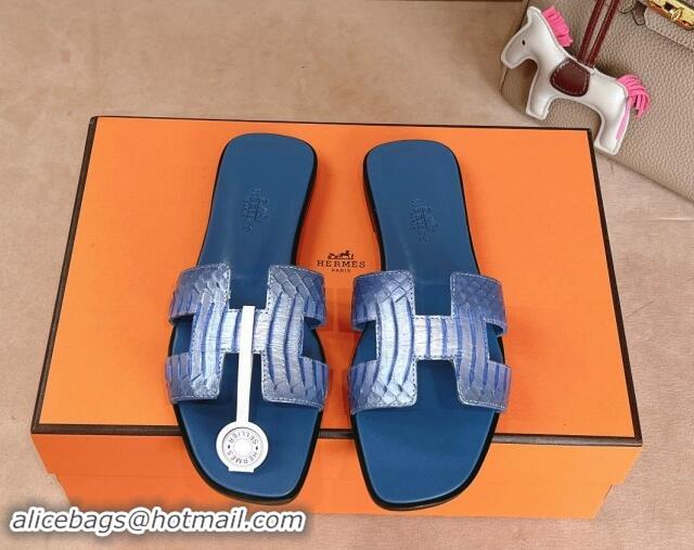 Good Product Hermes Classic Oran Flat Slides Sandal in Snakeskin Embossed Leather Blue 1008120