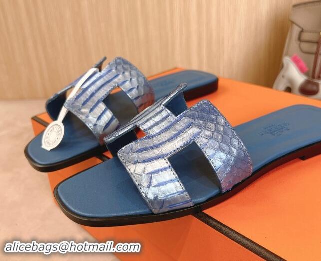 Good Product Hermes Classic Oran Flat Slides Sandal in Snakeskin Embossed Leather Blue 1008120