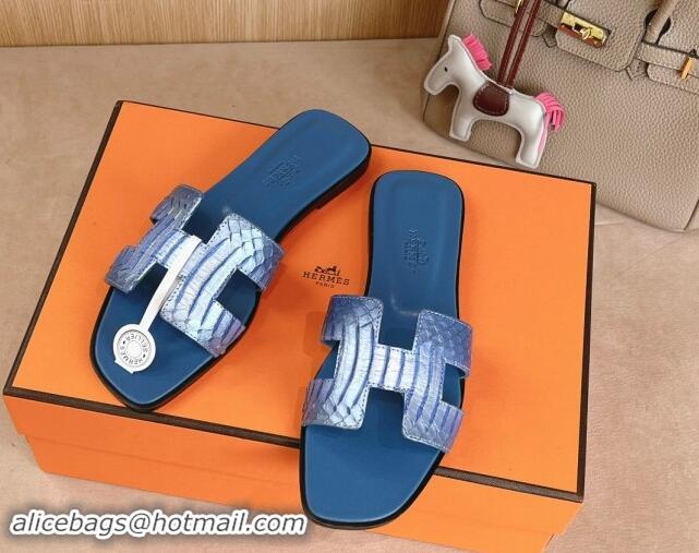 Good Product Hermes Classic Oran Flat Slides Sandal in Snakeskin Embossed Leather Blue 1008120