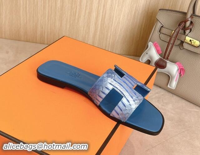 Good Product Hermes Classic Oran Flat Slides Sandal in Snakeskin Embossed Leather Blue 1008120