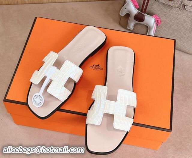 Pretty Style Hermes Classic Oran Flat Slides Sandal in Snakeskin Embossed Leather Pale Pink 1008121