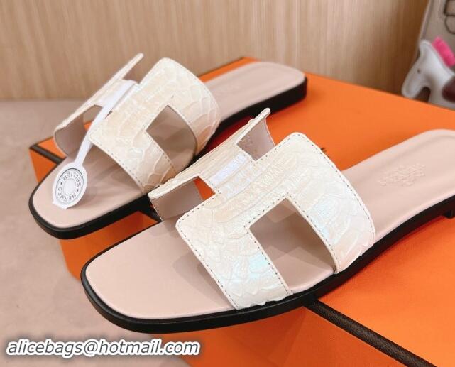 Pretty Style Hermes Classic Oran Flat Slides Sandal in Snakeskin Embossed Leather Pale Pink 1008121