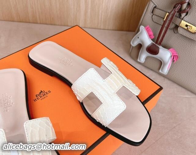 Pretty Style Hermes Classic Oran Flat Slides Sandal in Snakeskin Embossed Leather Pale Pink 1008121