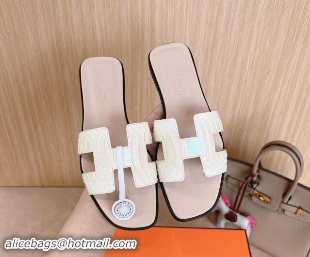 Pretty Style Hermes Classic Oran Flat Slides Sandal in Snakeskin Embossed Leather Pale Pink 1008121