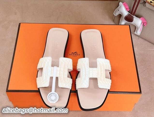 Pretty Style Hermes Classic Oran Flat Slides Sandal in Snakeskin Embossed Leather Pale Pink 1008121