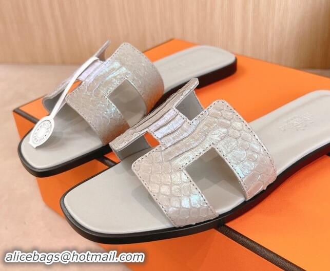 Trendy Design Hermes Classic Oran Flat Slides Sandal in Snakeskin Embossed Leather Light Grey 1008123