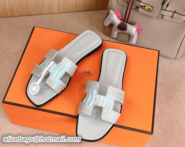 Trendy Design Hermes Classic Oran Flat Slides Sandal in Snakeskin Embossed Leather Light Grey 1008123