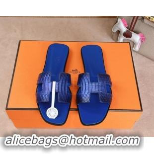 Charming Hermes Classic Oran Flat Slides Sandal in Snakeskin Embossed Leather Royal Blue 1008124