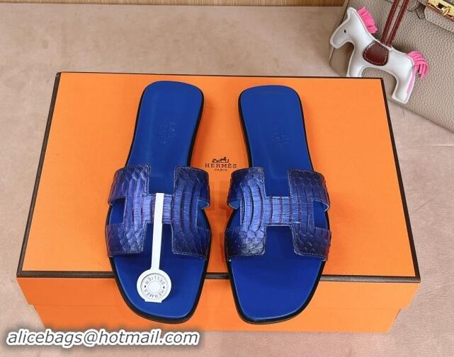 Charming Hermes Classic Oran Flat Slides Sandal in Snakeskin Embossed Leather Royal Blue 1008124