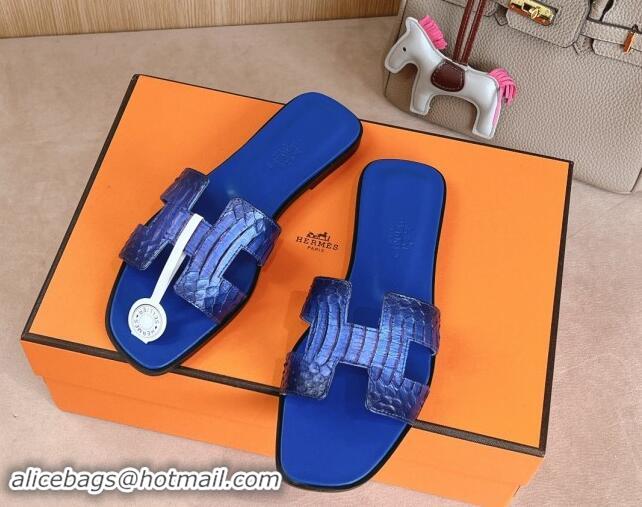 Charming Hermes Classic Oran Flat Slides Sandal in Snakeskin Embossed Leather Royal Blue 1008124