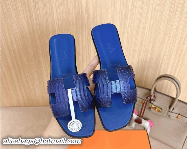 Charming Hermes Classic Oran Flat Slides Sandal in Snakeskin Embossed Leather Royal Blue 1008124